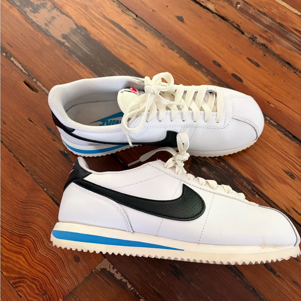 Nike White Leather Sneakers with Black Swoosh and Blue Stripe